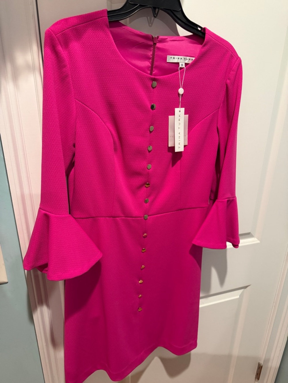 Trina Turk Hot Pink Long-Sleeve Button Front Bell-Sleeve Dress